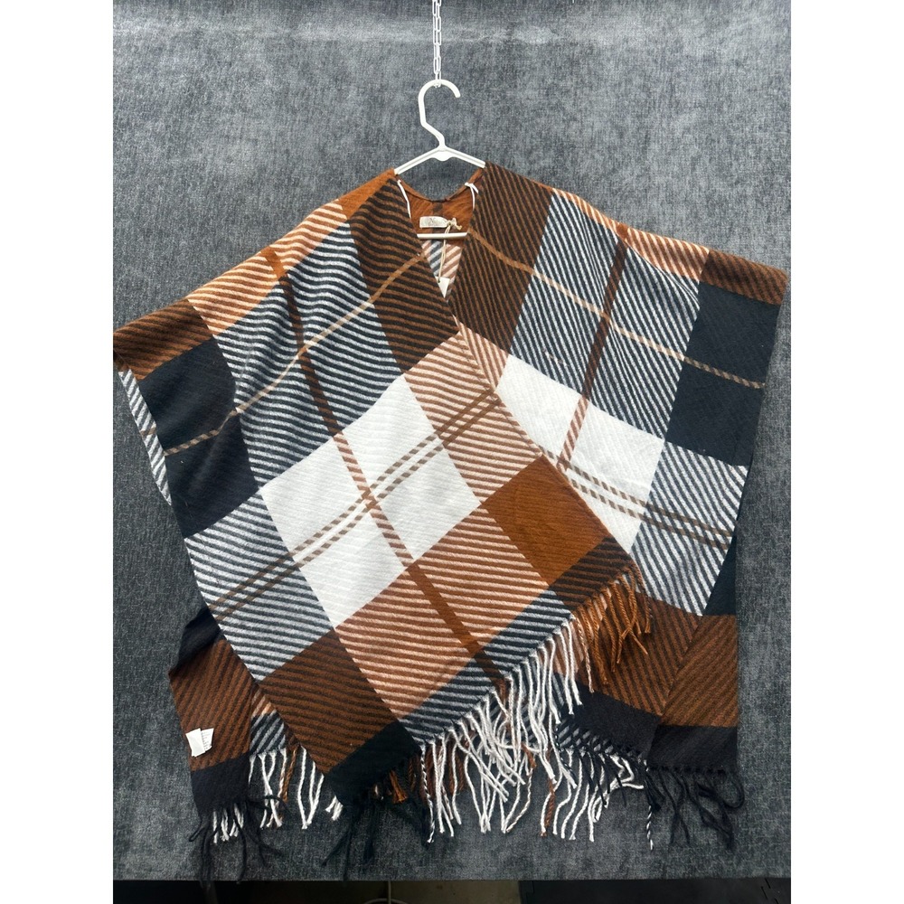 Natural Reflections Wrap Shawl Women OSFM Multicolor Checkmate Ruana Fringe Trim